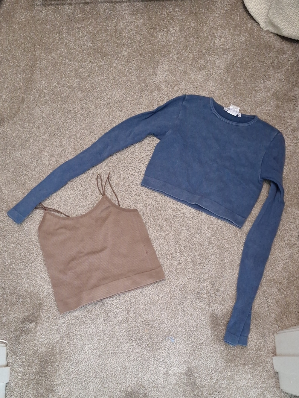 Zara Dusty Blue Ribbed Cropped Long Sleeve Top with Brown Cami